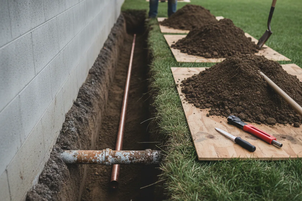 Excavated water line trench during Water Softener Installation in Trinity